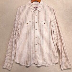 STOCK mens Long Sleeve Button Shirt Sz.L/White-Red Stitch/Linen Blend/RN66170